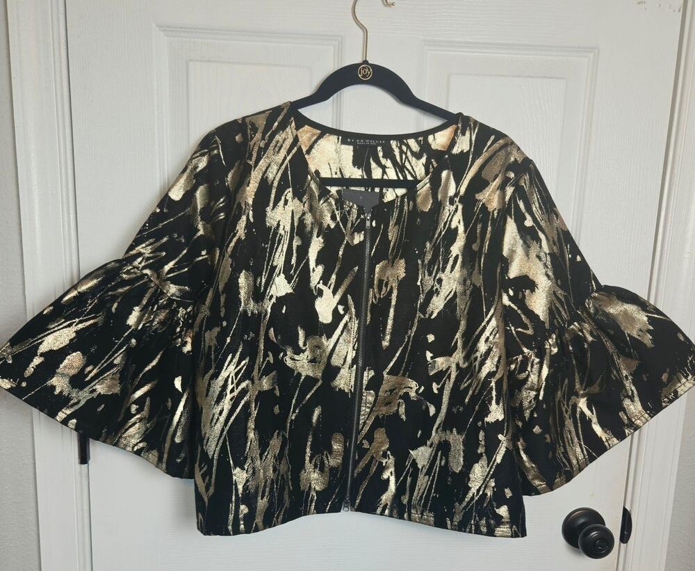 Bryn Walker Frida Jacket L Gold Metallic Zip Crop Bell Sleeve Party Evening